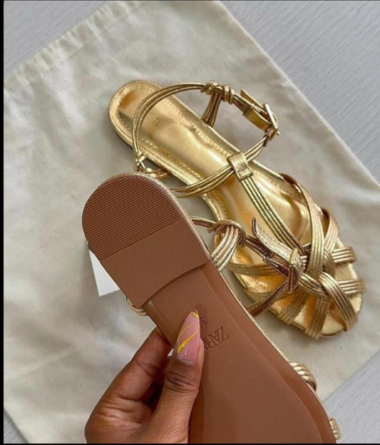 Metallic Gold Strappy Flat Sandals