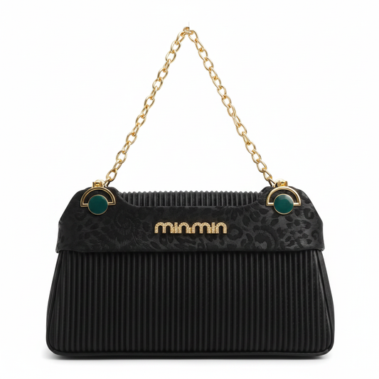Ribbed Leather Flap Shoulder Bag – Black