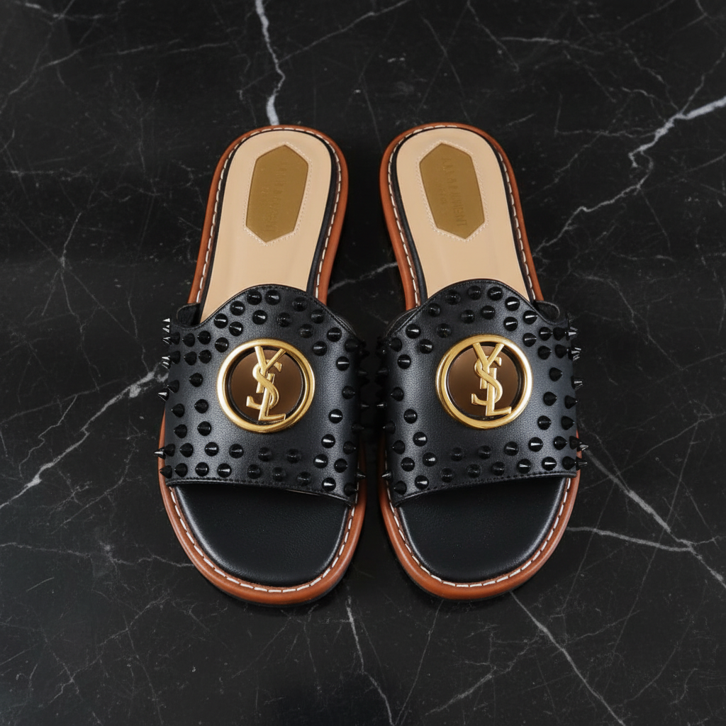 Studded Spike Logo Flat Slide Sandals – flat lay