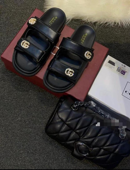Crystal Slide Sandals & Quilted Crossbody Bag Set