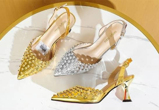 Studded Pointed-Toe Slingback Heels