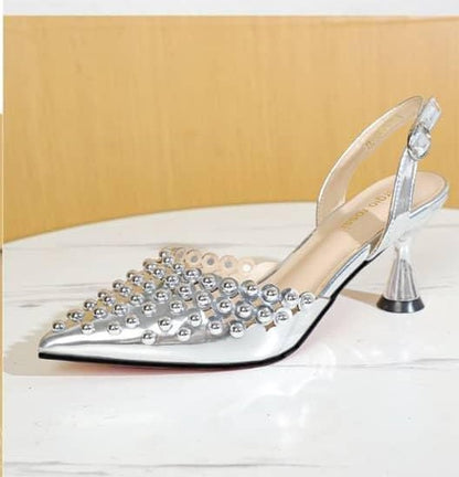 Studded Pointed-Toe Slingback Heels