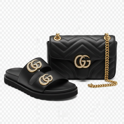 Crystal Slide Sandals & Quilted Crossbody Bag Set