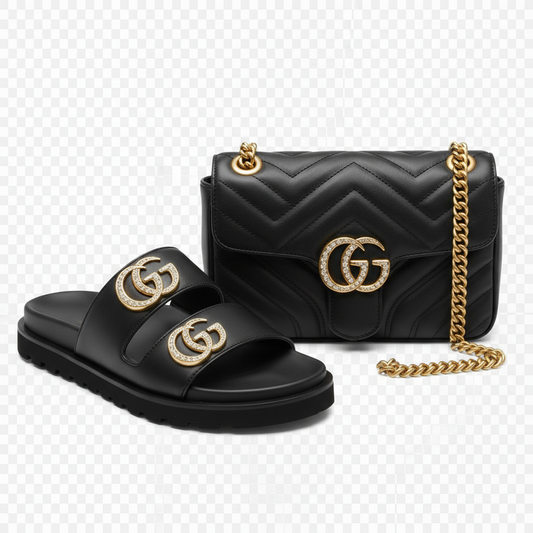 Crystal Slide Sandals & Quilted Crossbody Bag Set