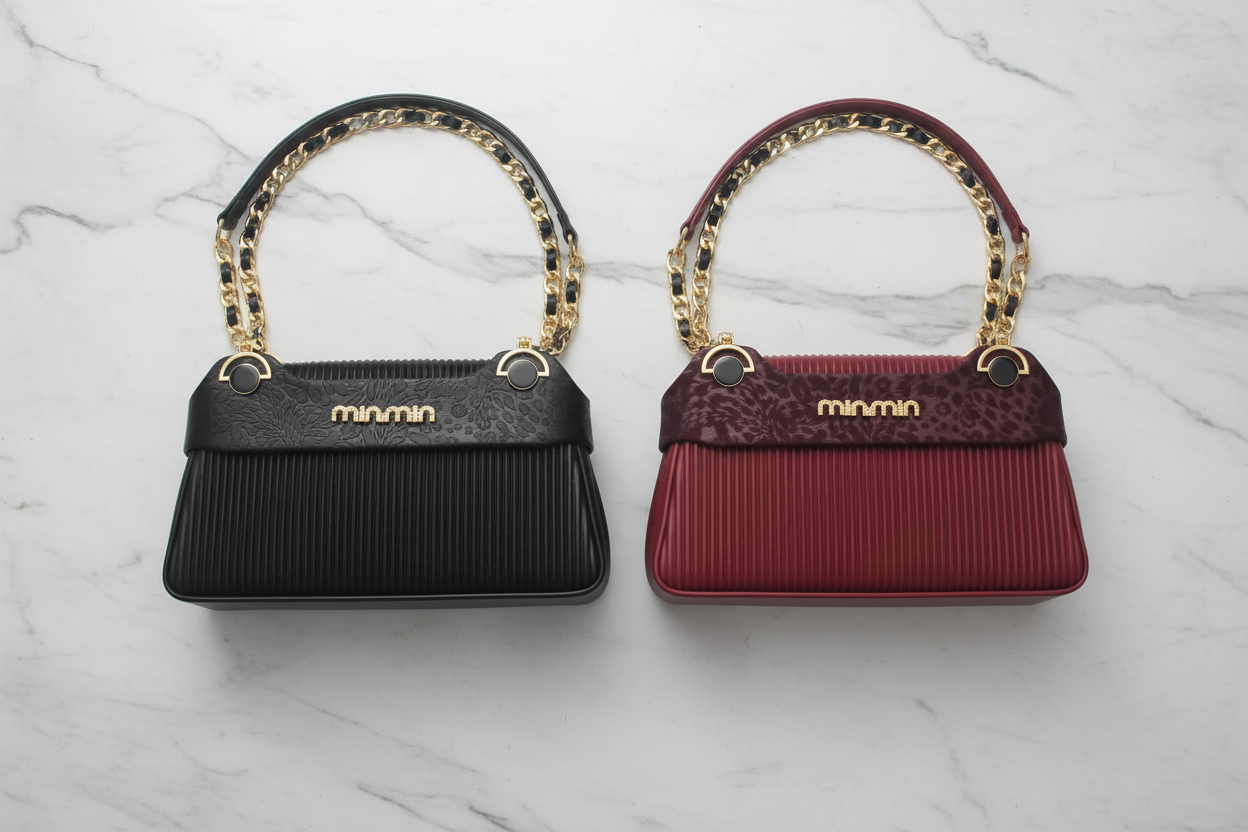 Ribbed Leather Flap Shoulder Bag – Black & Burgundy
