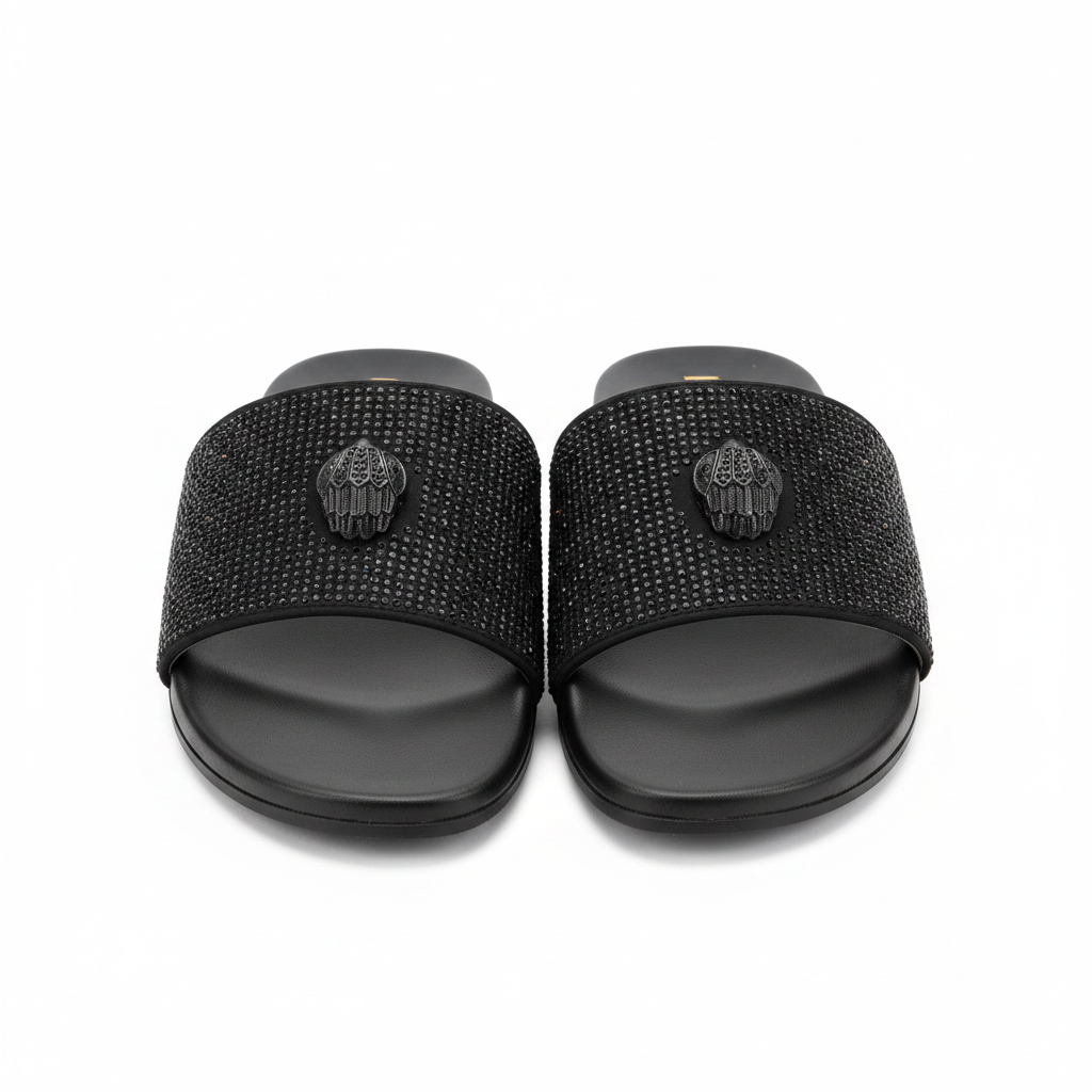Crystal Rhinestone Eagle Flat Slide Sandals – front view