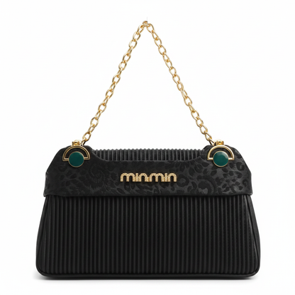 Ribbed Leather Flap Shoulder Bag – Black