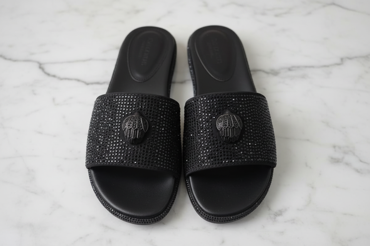 Crystal Rhinestone Eagle Flat Slide Sandals – detail shot