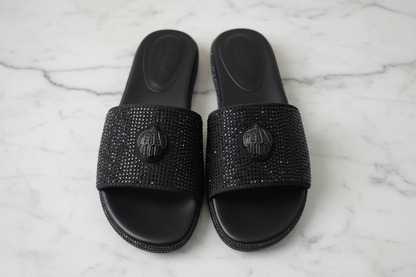 Crystal Rhinestone Eagle Flat Slide Sandals – detail shot