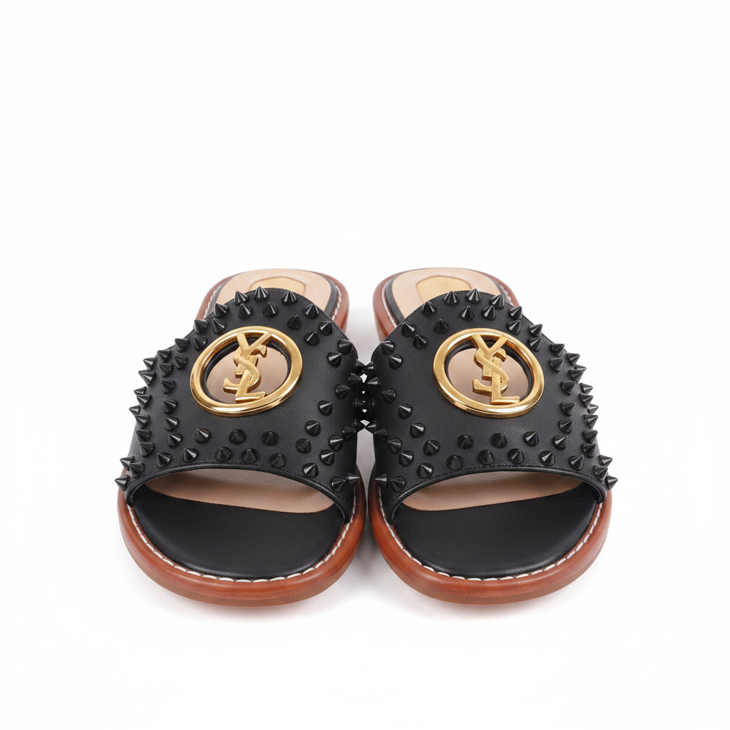 Studded Spike Logo Flat Slide Sandals – front view