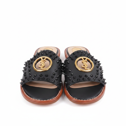 Studded Spike Logo Flat Slide Sandals – front view