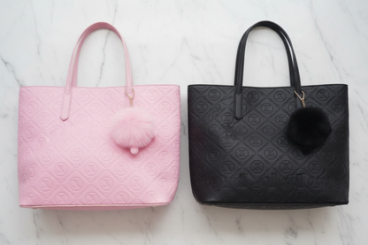 Monogram Embossed Tote Bag – Pink & Black flat lay