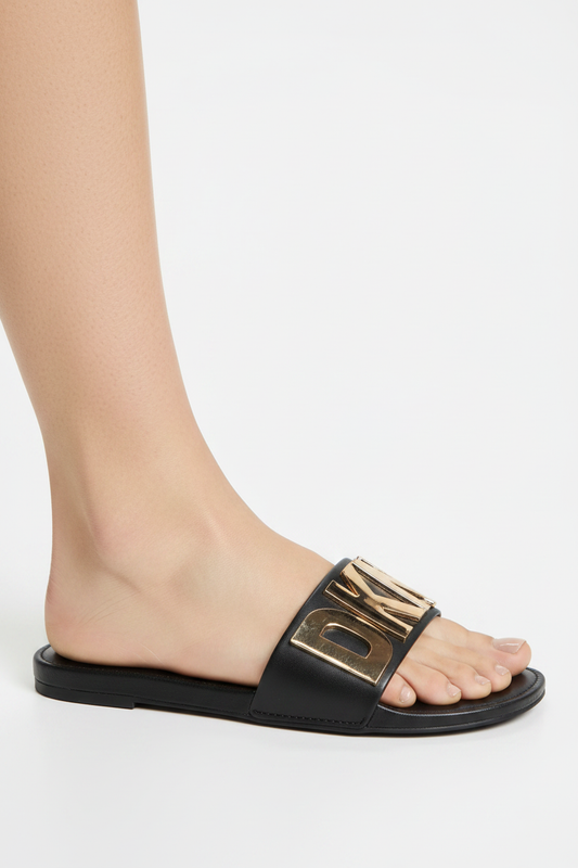 Gold Letter Logo Flat Slide Sandals – styled on foot