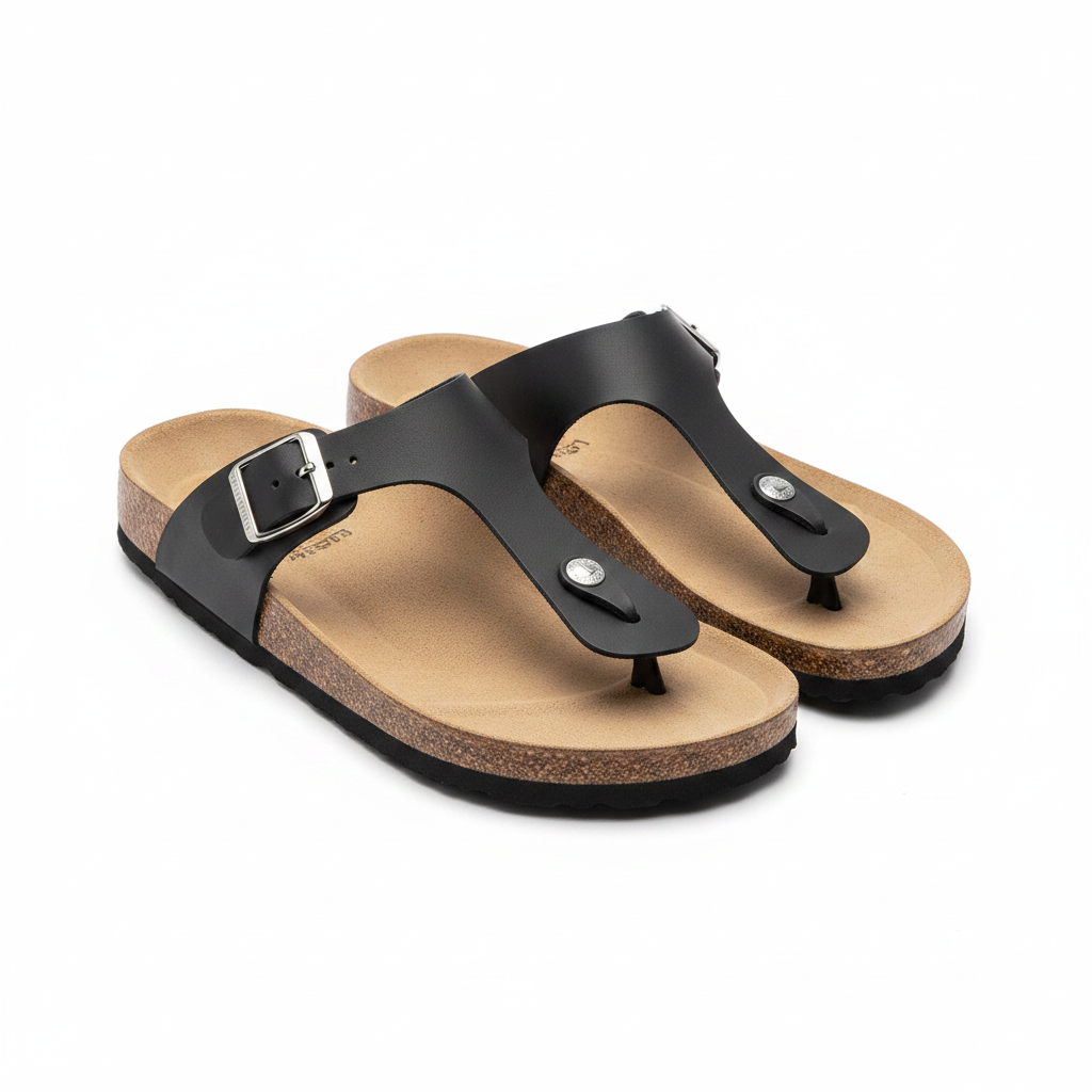 Black cork T-strap sandals