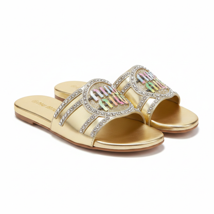 Crystal Logo Flat Slide Sandals – Gold