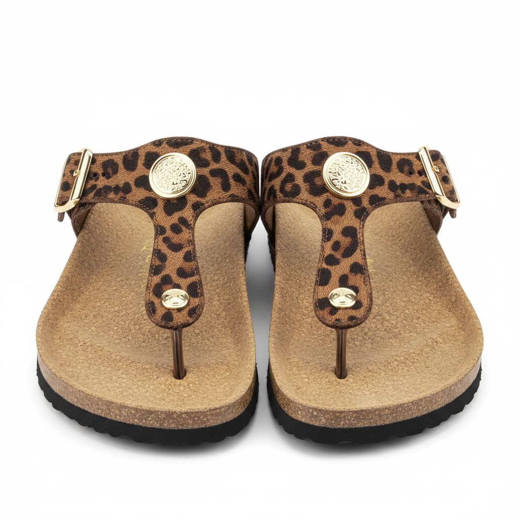 Brown animal print cork T-strap sandals