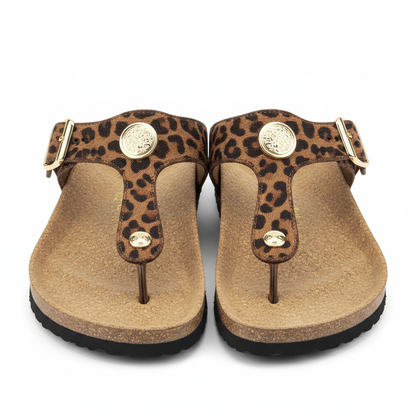 Brown animal print cork T-strap sandals