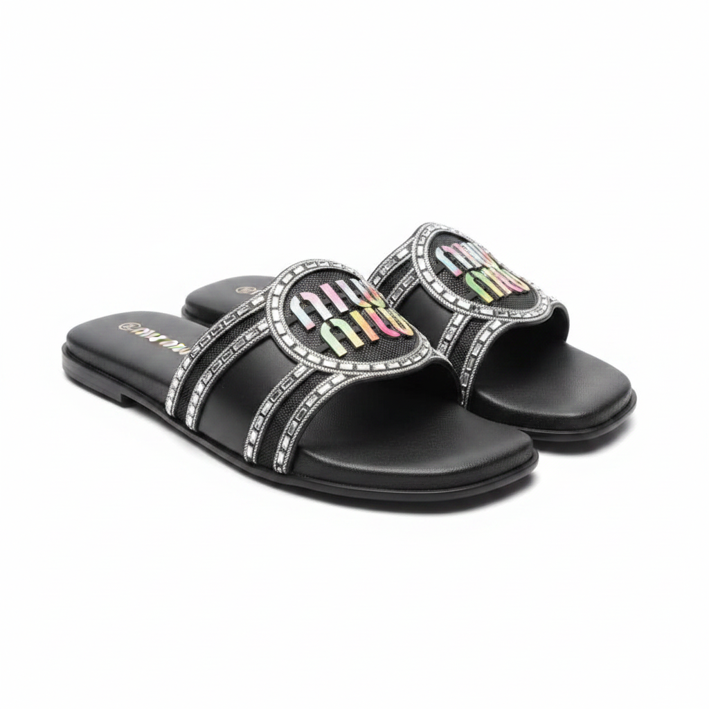Crystal Logo Flat Slide Sandals – Black