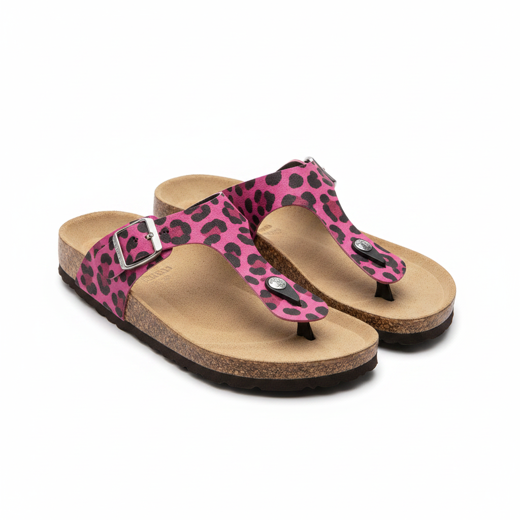 Pink animal print cork T-strap sandals