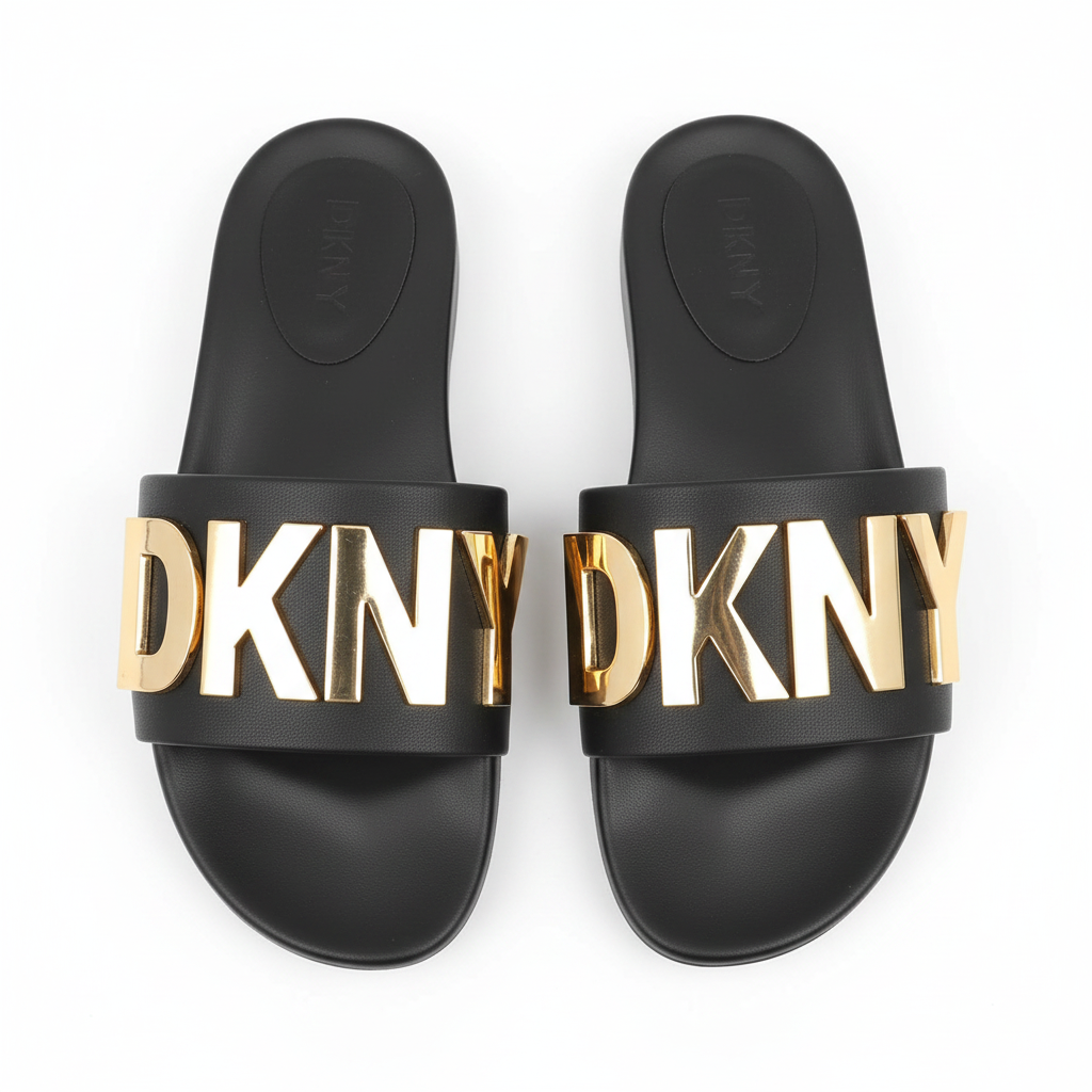 Gold Letter Logo Flat Slide Sandals – product shot