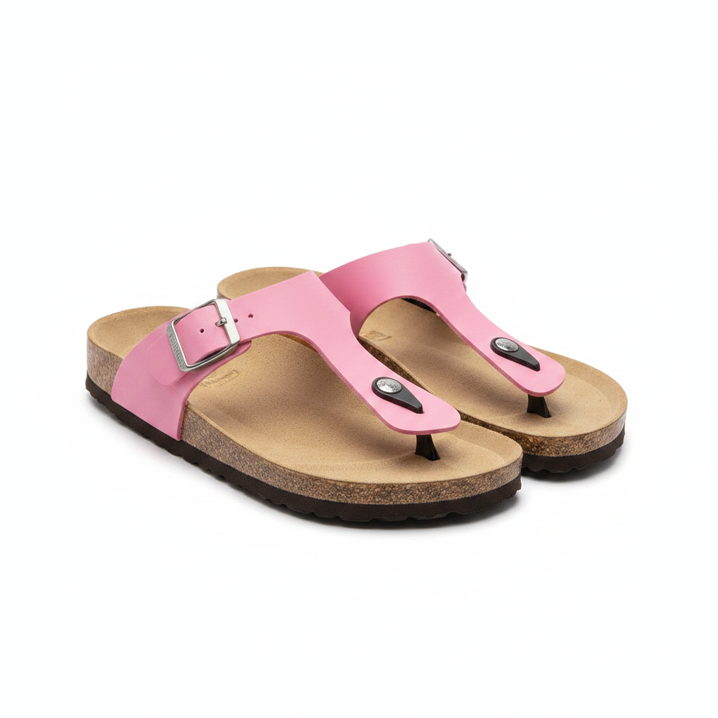 Pink cork T-strap sandals