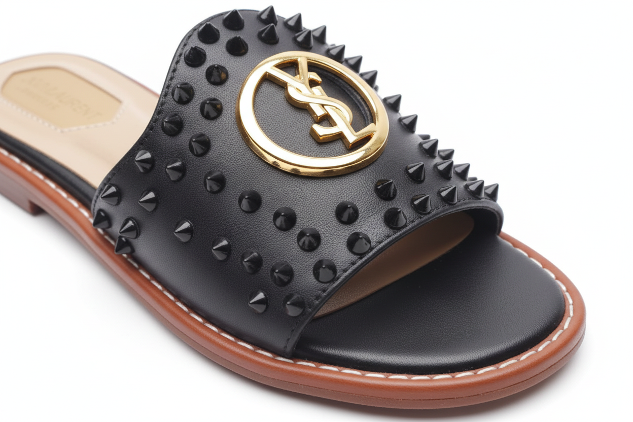 Studded Spike Logo Flat Slide Sandals – detail shot